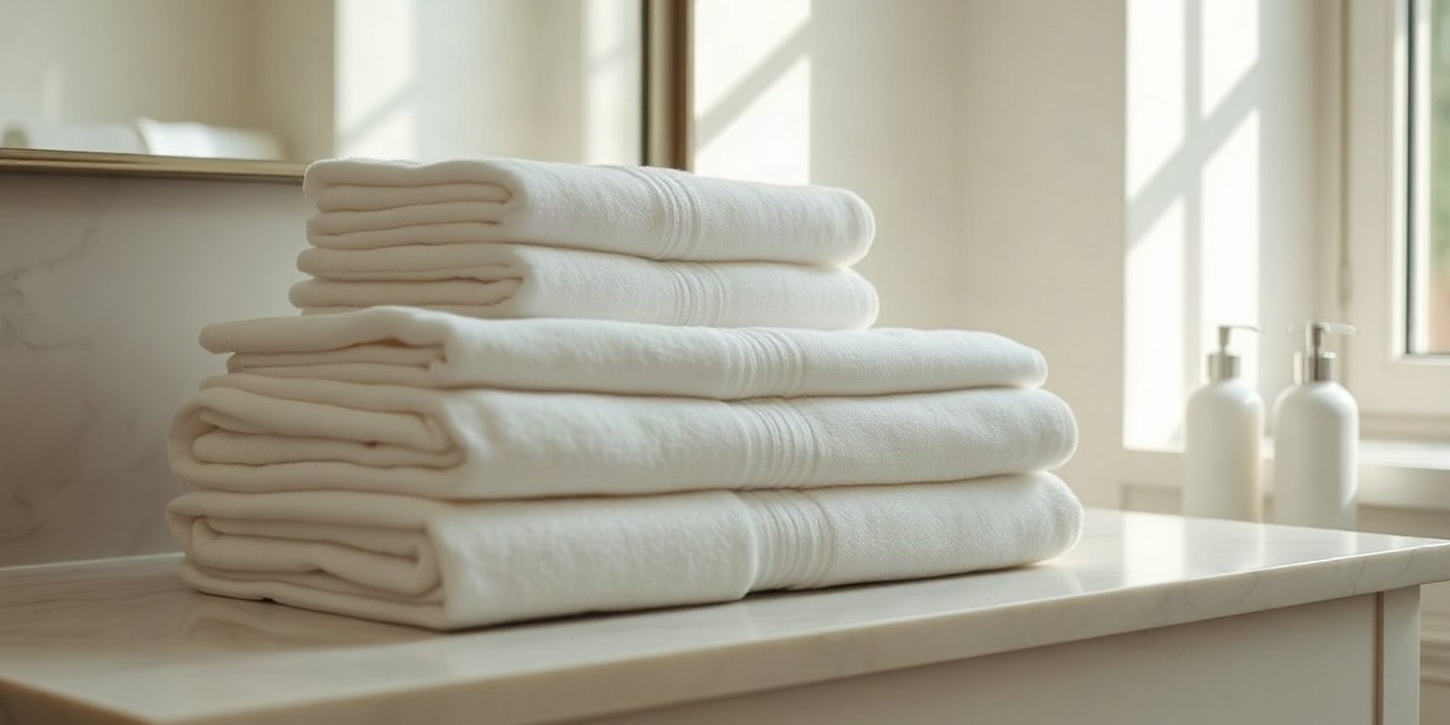White towels folded on a marble counter in soft daylight